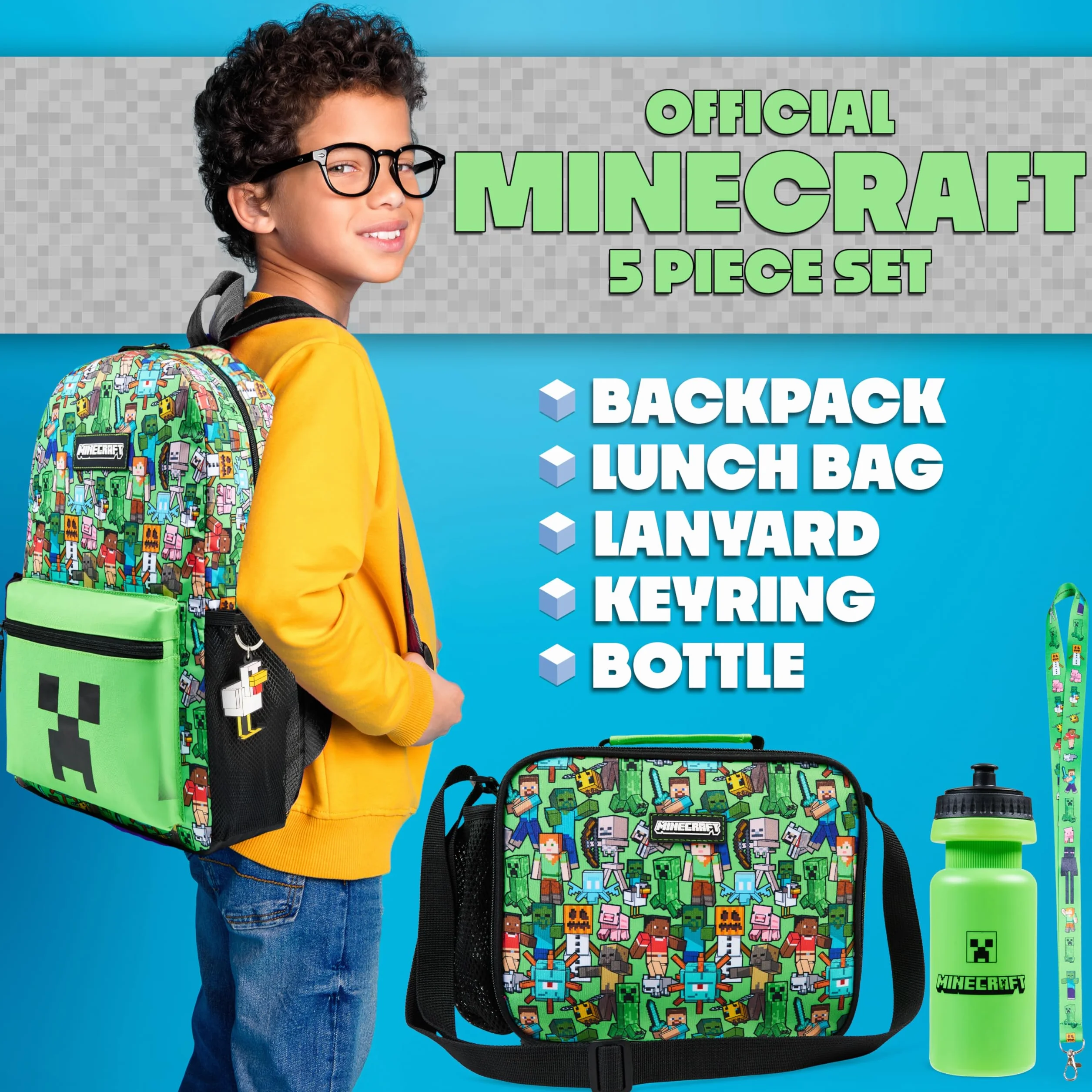 Minecraft Rucksack Kinder 5 Teilige Sets mit Lunchtasche Trinkflasche und Federmäppchen Turnbeutel oder Schlüsselanhänger Lanyard Gamer Geschenks (Grün AOP)