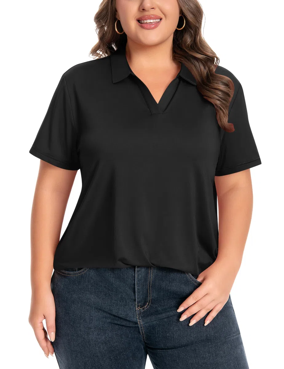 Idtswch Damen-Plus Size V-Ausschnitt Kurzarm Polo-Shirt Schnelltrocknend UPF 50+ Freizeit Beruf Golf-Shirt (XL-6XL)