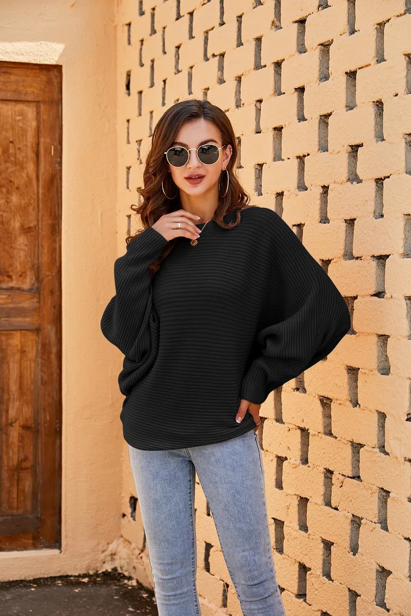 Fessceruna Damen Pullover Oversize Fledermausärmel Strickpullover Winter Rundhals Pulli Geripptes Sweatshirt