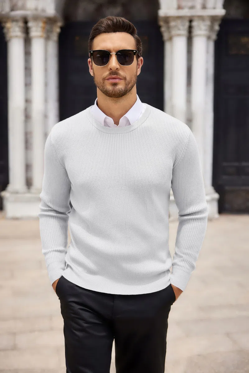COOFANDY Herren Rundhals Pullover Basic Strickpullover Feinstrick Business Pullover Männer Ribbed Sweater Pulli Winterpullover