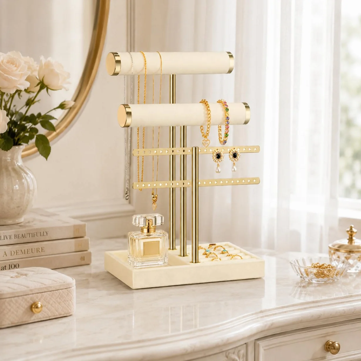 Josmimic Schmuck Organizer mit 3 Ebenen - Beige Schmuckständer Armbänder, Abnehmbarer T-Steg Schmuck Ständer, Samt-Armbandhalter, Schmuckhalter für Armband, Halskette, Uhren, Ringe