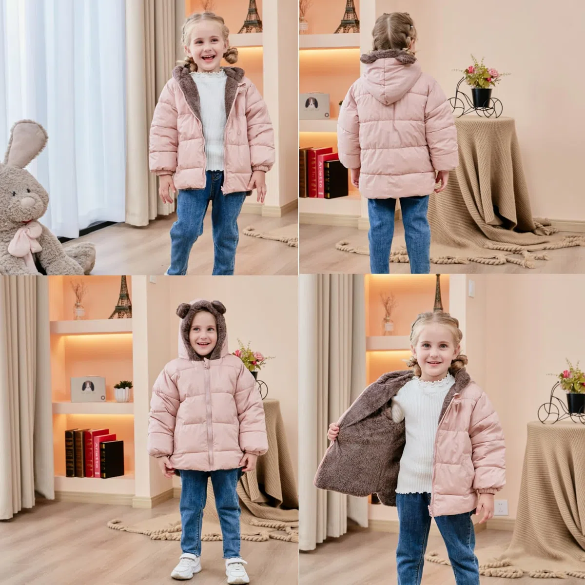 kids4ever Baby Jacke Jungen Mädchen Winter Mantel Niedlich Plüsch Bärenohren Winterjacke Reißverschluss Kapuzenjacke mit Taschen 6 Monate-5 Jahre
