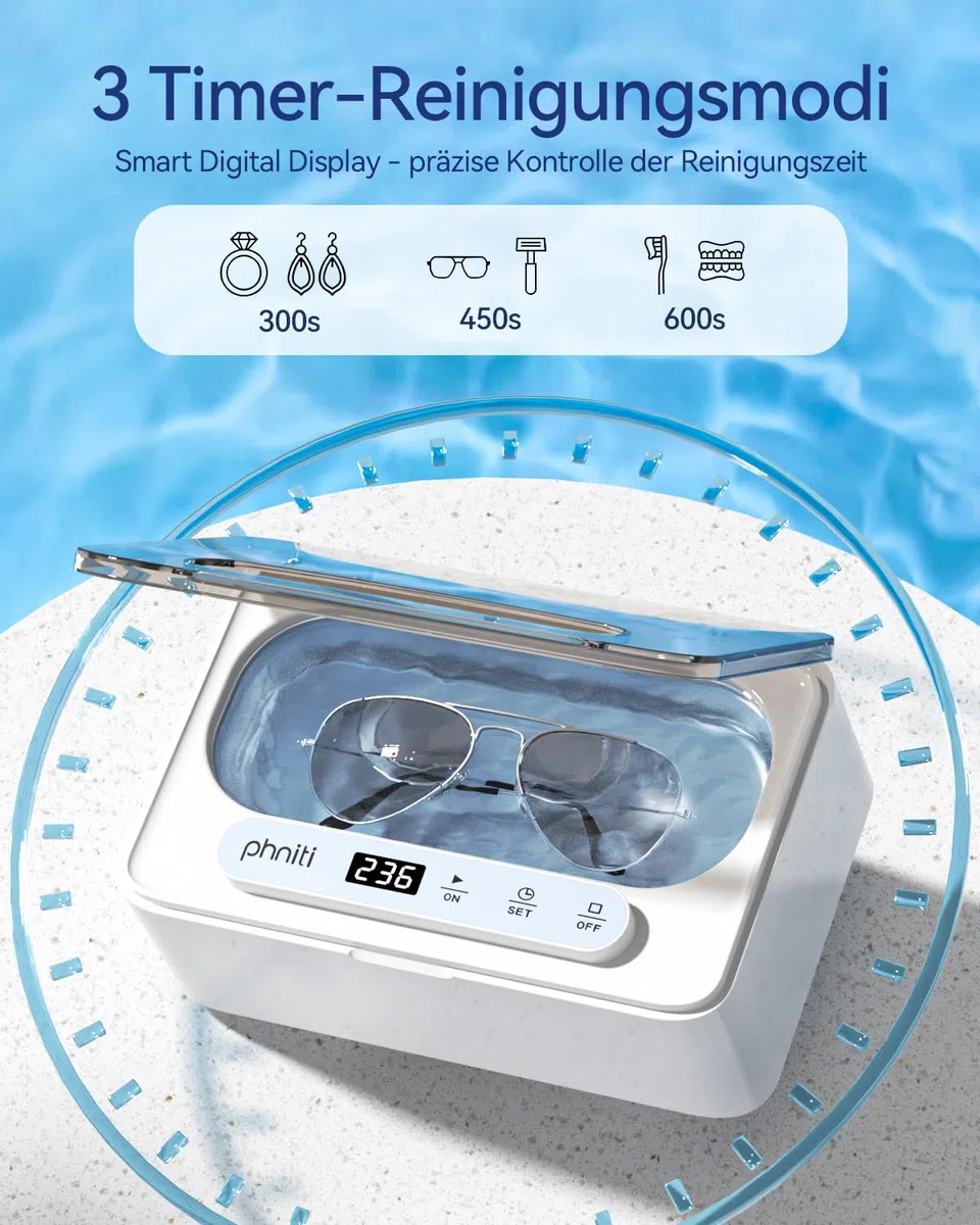 Ultraschallreinigungsgerät Phniti 47kHZ Brillenreinigungsgerät Mit 3 Modi Tragbar Ultraschallgerät 330ml Ultraschallreiniger für Zahnschiene Schmuck Ultraschall Ultrasonic Cleaner