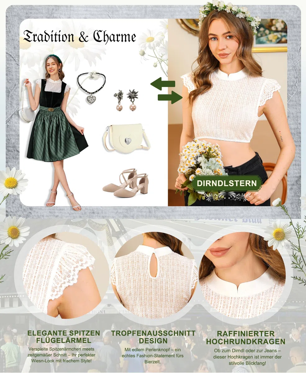 DIRNDLSTERN Bluse Damen Weiß - Dirndlbluse Spitze Dirndlblusen Hochgeschlossen Flügelärmel Trachtenblusen Vertikale Streifen Elegant