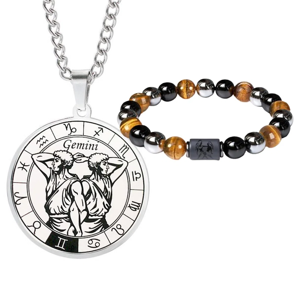 herren Sternzeichen Halskette und Armband Set- Sternbild halskette edelstahl-Münzanhänger-Elastisches Perlenarmband-Geburtstagsgeschenk Schmuck