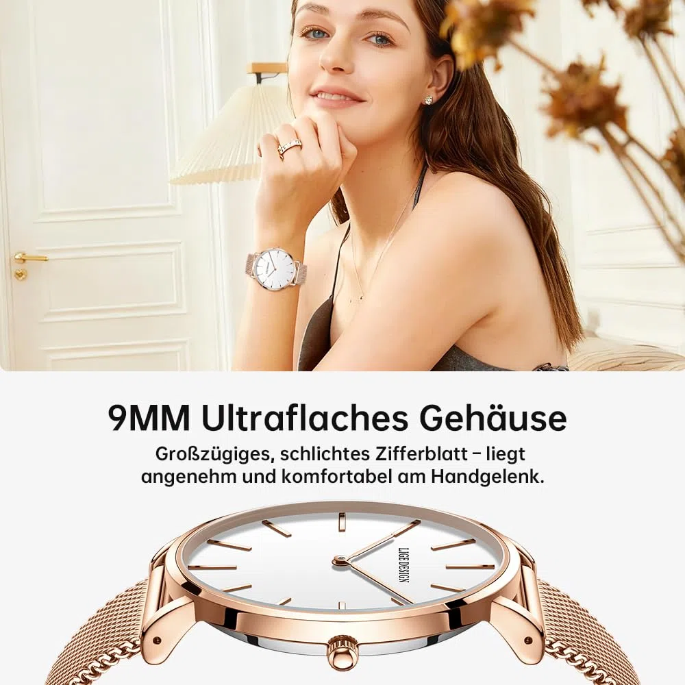 LIGE Uhr Damen, Analog Quarz Armbanduhr Damen, Ultradünn Großes Zifferblatt, Edelstahl Wasserdicht, Damenuhr Fur klassischen Modischen Schlicht Stil