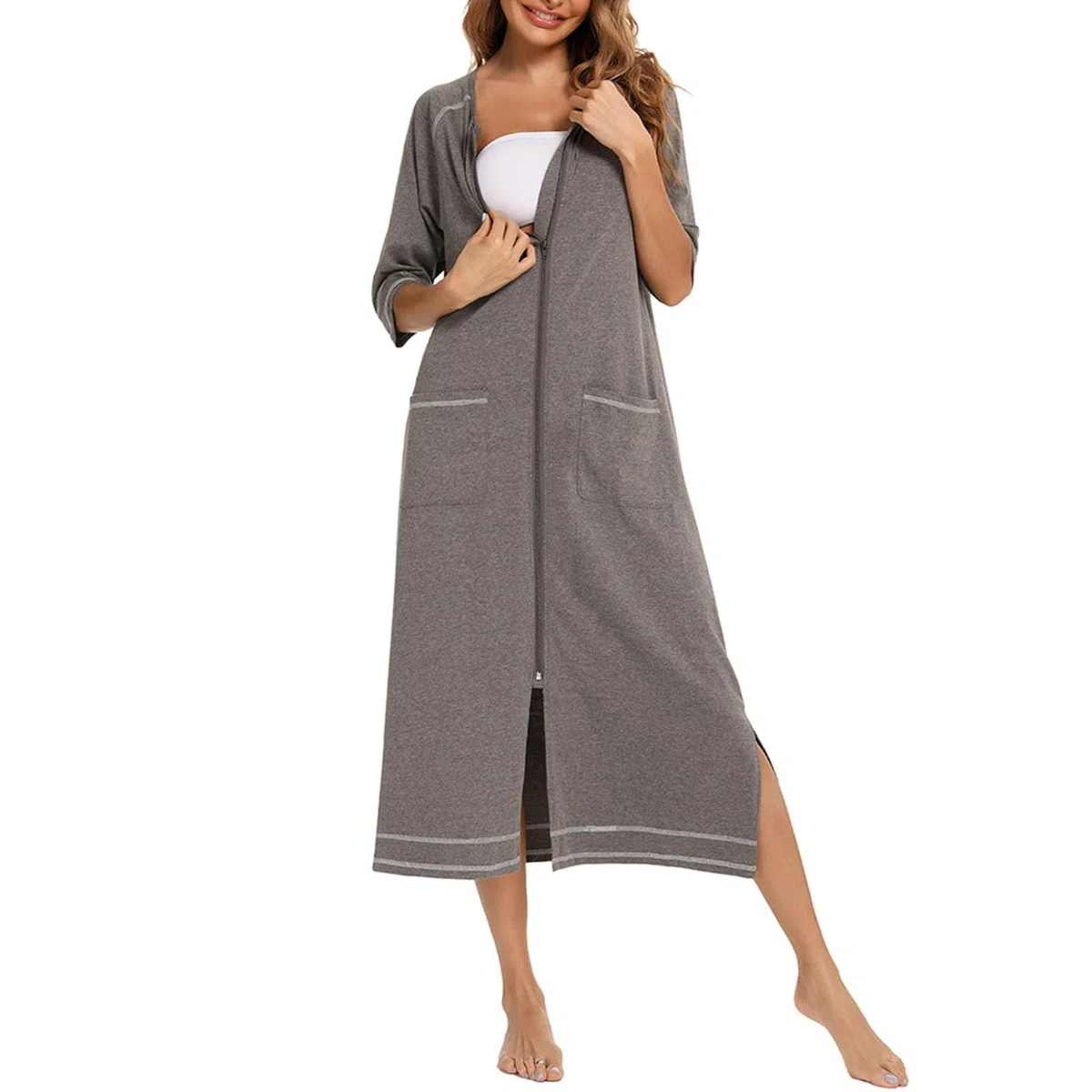 Damen Reißverschluss Bademantel 3/4 Ärmel Hauskleid in voller Länge Nachtwäsche Duster Hausmantel mit Taschen Ganzkörpermantel aus weicher Baumwolle mit Taschen Nachtwäsche Sleepwear