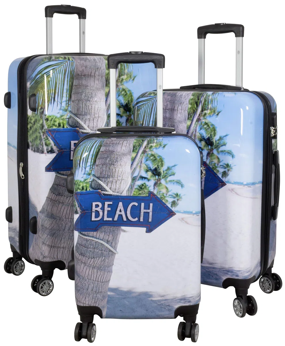 Hartschale Koffer-Set mit Motiv 3-teilig Beach 4 Räder Bunt Strand Zahlenschloss