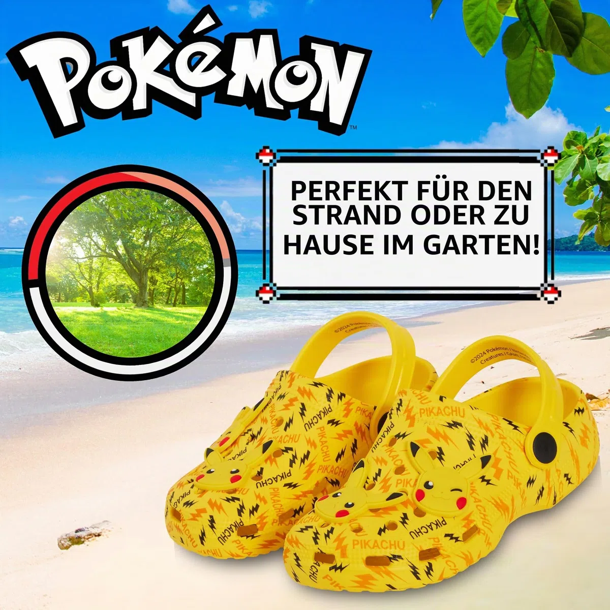 Pokémon Pikachu Clogs mit Charms, Kinder Sandalen, Jungen und Mädchen, Sommer Slipper mit Knöchelriemen, Urlaubsstrand Schuhe