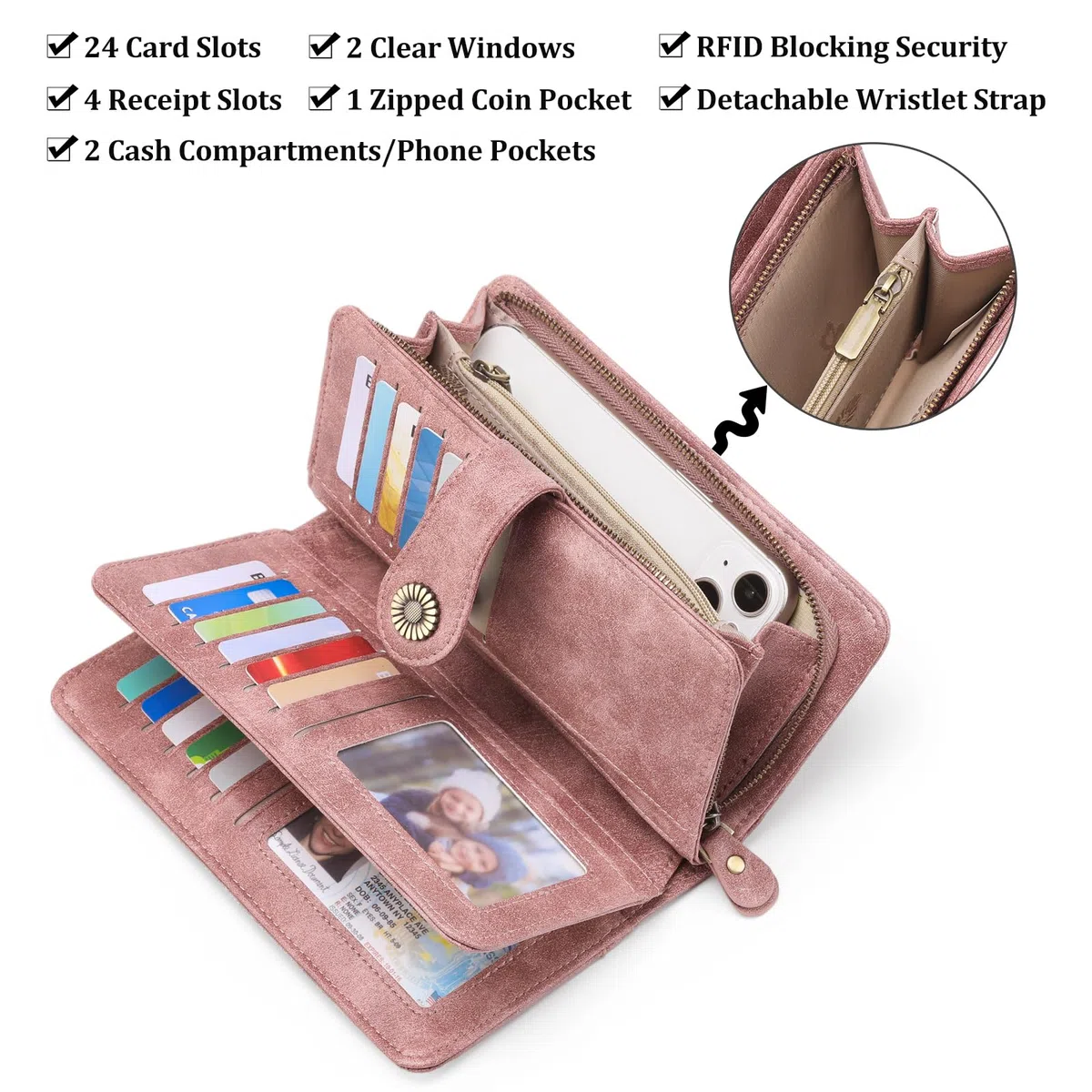 SENDEFN Geldbörse für Damen, Leder, große Damen, Kupplung, RFID-Schutz, blockierend, große Kapazität, Lange Geldbörse mit 24 Kartenfächern und Armband