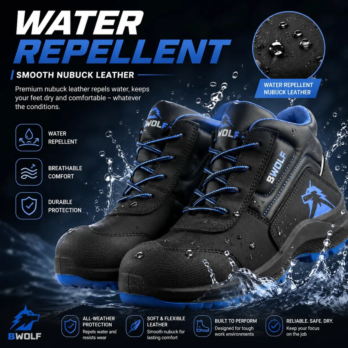 BWOLF Spire Arbeitsschuhe Herren S3 High Sicherheitsschuhe Herren S3 wasserdicht, ölbeständig, rutschhemmend 4x4 Grip Tech, Ergo Sohlen