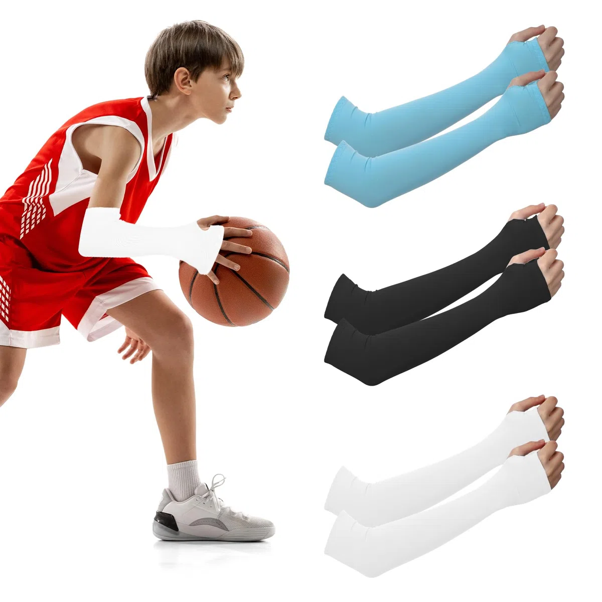 CIATBYYJ 3 Paar Jugend Sport Armstulpen,Armlinge Kinder,Arm Sleeve mit Daumenloch,Flexibel Ärmel,Atmungsaktiv Armsleeve,für Jungen Mädchen Volleyball Basketball Armschoner(Schwarz Weiß und Blau)