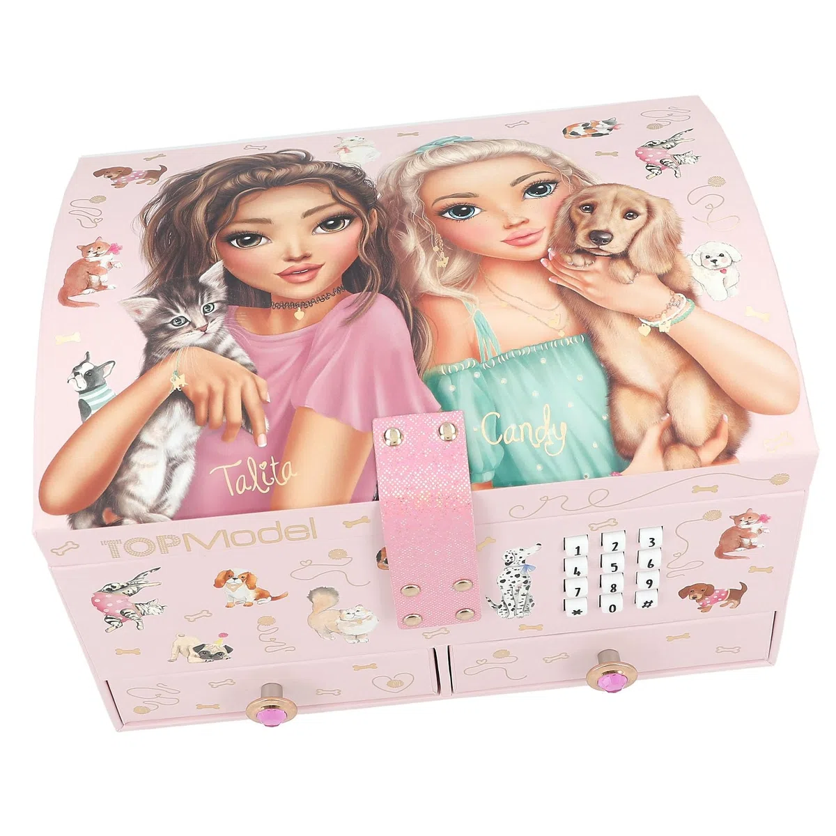 Depesche 13140 TOPModel - Großes Schmuckkästchen in Rosa, mit Model Motiv und Tieren, Schmuckbox mit Code, Sound und Spiegel, Mehrfarbig
