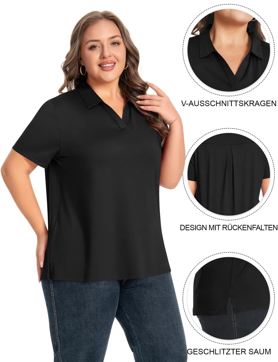 Idtswch Damen-Plus Size V-Ausschnitt Kurzarm Polo-Shirt Schnelltrocknend UPF 50+ Freizeit Beruf Golf-Shirt (XL-6XL)
