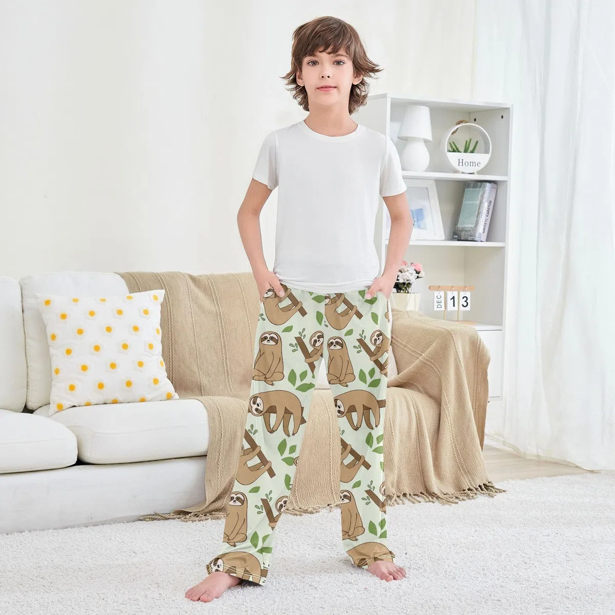 Jungen Schlafanzughose, tropische Blätter, lustige Faultiere, Kinder-Schlafanzug, Nachtwäsche, Lounge-Hose, Größe S