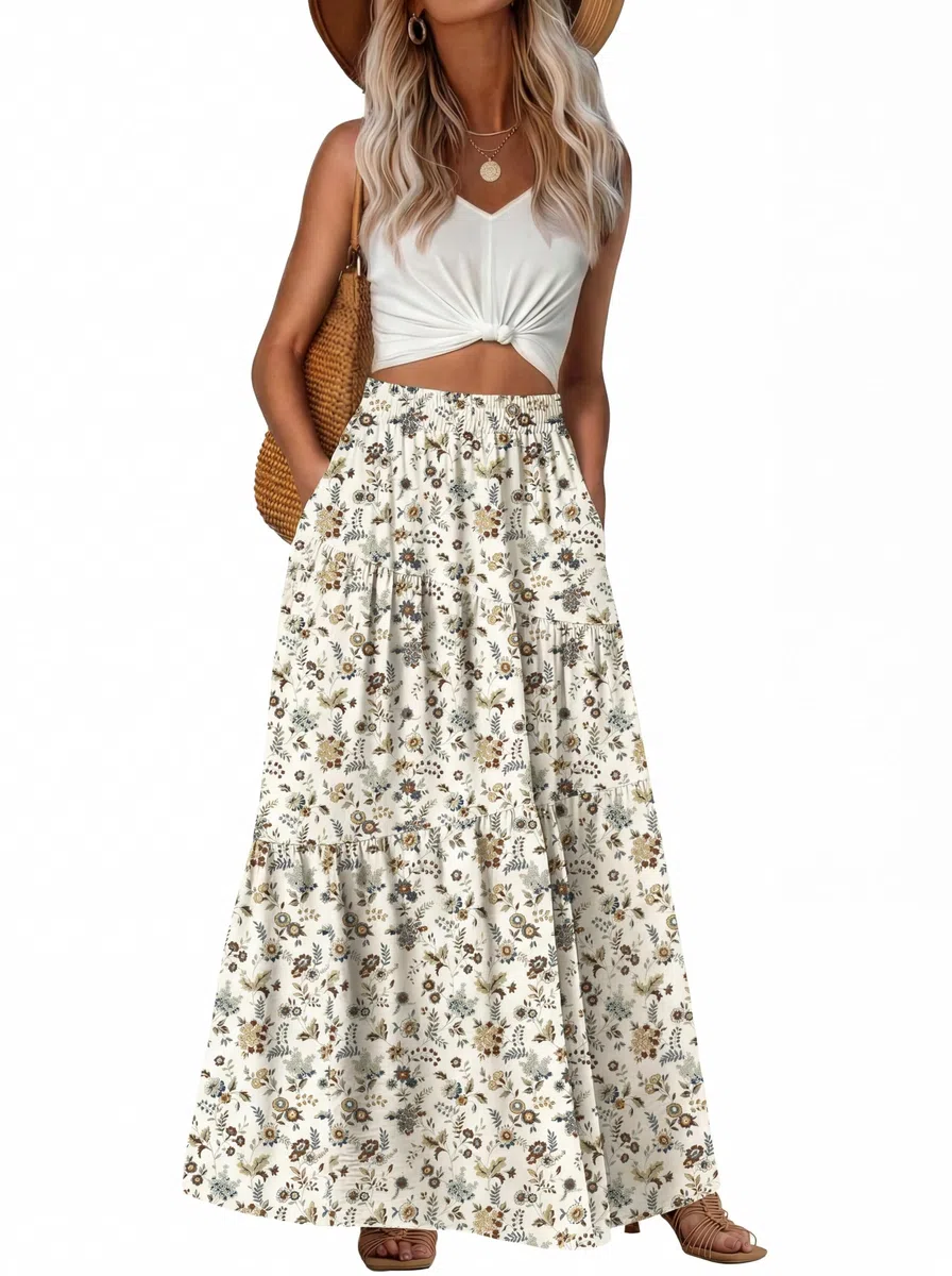 GRECERELLE Damen Rock Sommer Lange Flowy Röcke Hohe Taille Boho A-Linie Long Skirt Sommerrock Elegant Strandkleider mit Taschen