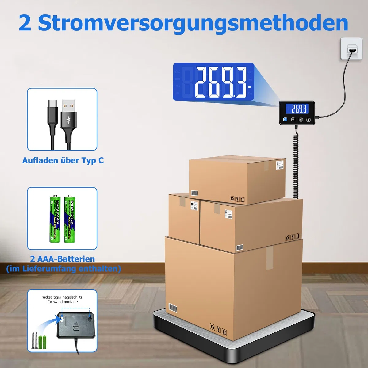 KUAIVO Paketwaage, 200kg/10g Hochpräzise Plattformwaage mit LCD/Hold/Tara Funktion, Postwaage aus Edelstahl für Pakete, Gepäck, Lagerhaus, Unternehmen und für den Hausgebrauch, Aufladbar