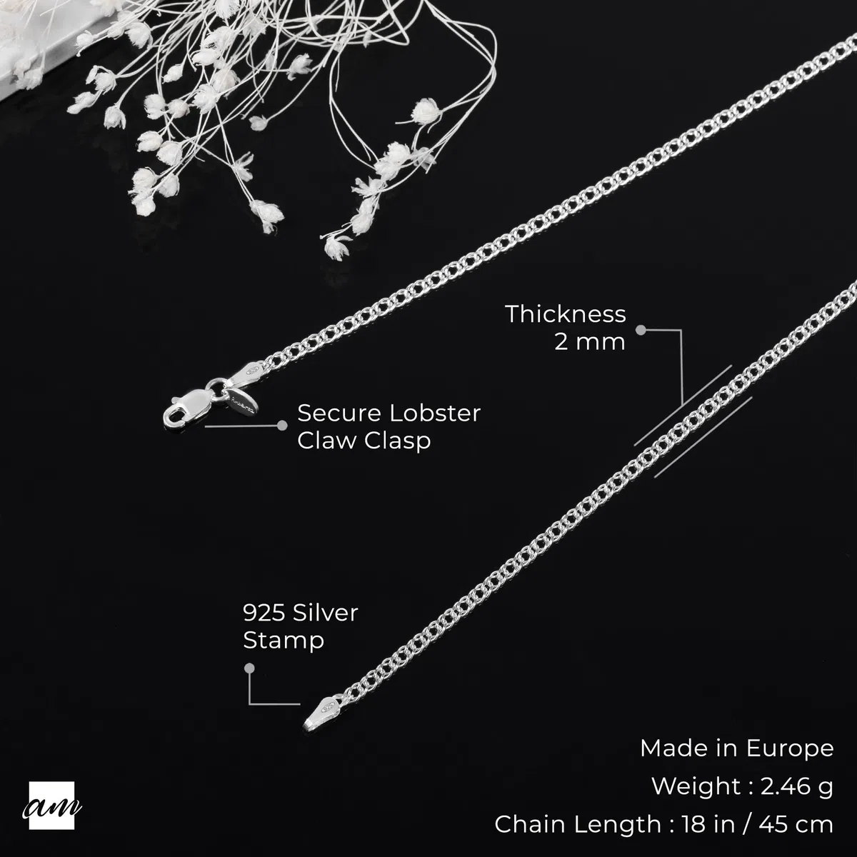 Amberta 925 Sterlingsilber Damen-Halskette - Rhombus Panzerkette - 2 mm Breite - Verschiedene Längen: 40 45 50 55 cm