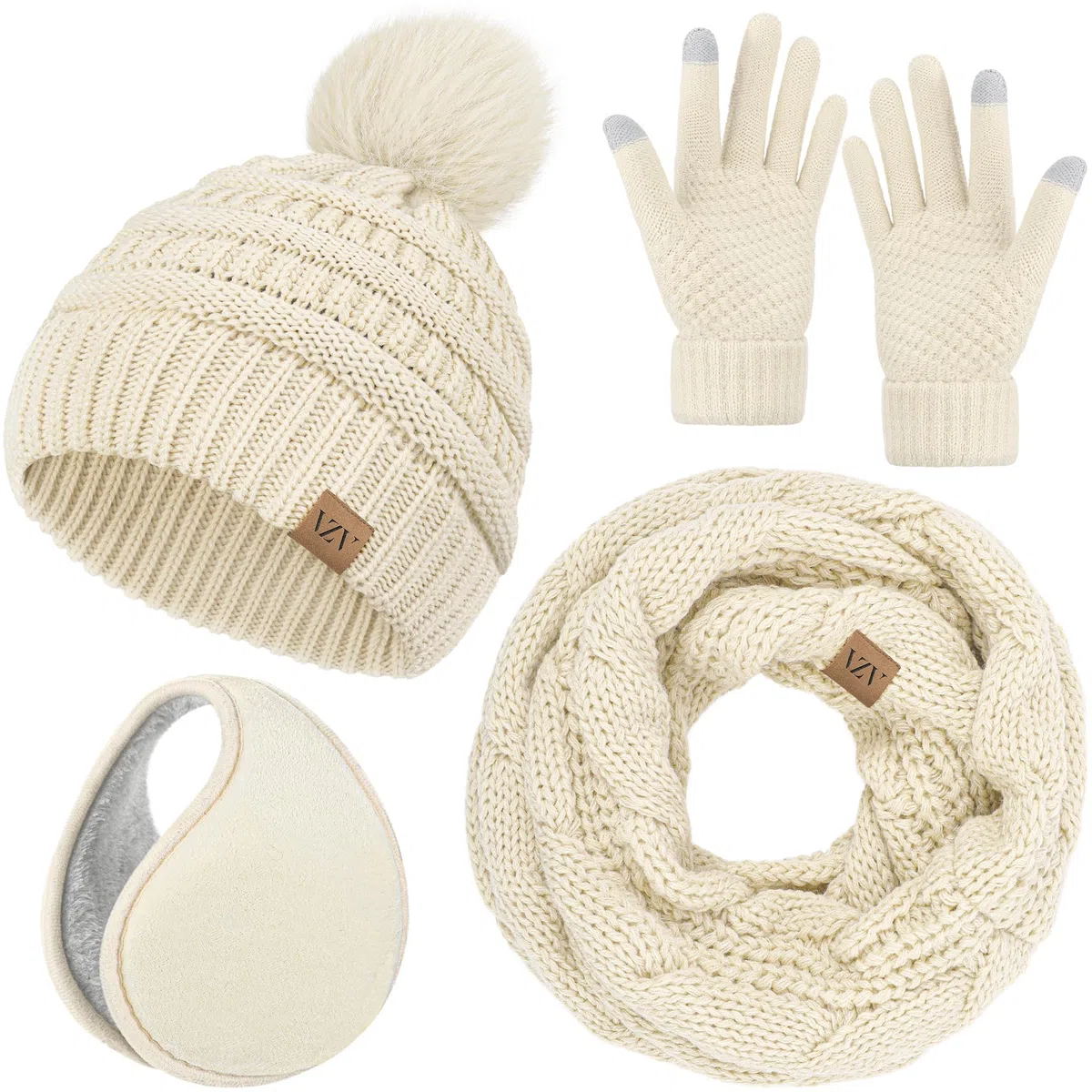 VZV 4-in-1 Winter-Set für Damen, Bommelmütze, Touchscreen-Handschuhe, Strickschal, Fleece-Ohrenschützer