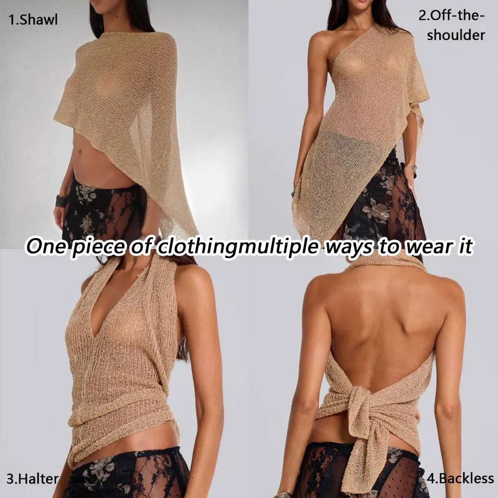 Poncho Damen Transparenter Leichte Strickponcho Asymmetrisch Multifunktional Mesh Shrugs Häkeltops für Sommer und Frühling(Braun)