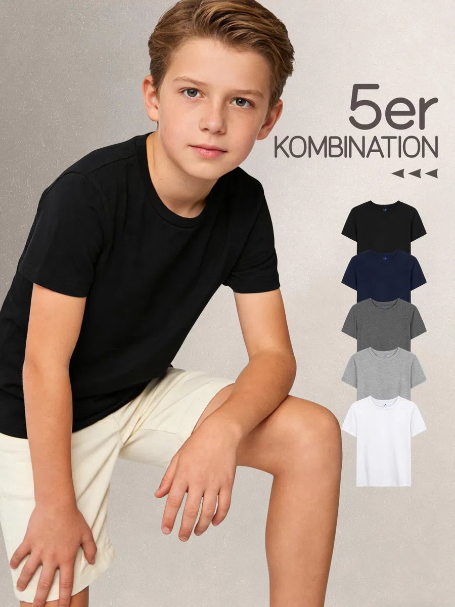 YERIOK 5er Pack Kinder T-Shirts Jungen Tshirt Kids Basic Tee Baumwolle Rundhalsausschnitt