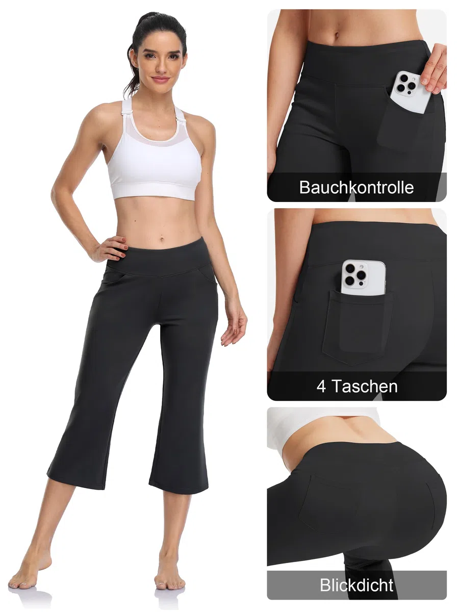 MOVE BEYOND Butterweiche Damen Bootcut Yogahose und 3/4-Hosen mit 4 Taschen Bauchkontrolle Workout Bootleg Arbeitshose