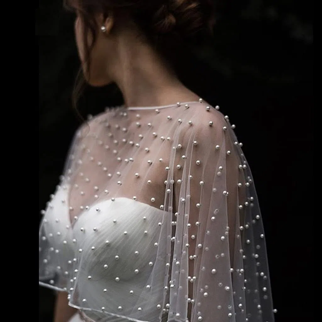 DAISHIAO Hochzeitsaccessoires, Bolero, Brautumhang, Perlen, Hochzeits-Umhang, kurze Vorderseite, langer Rücken, Damen-Wickelumhang, Abend-Wickelschal