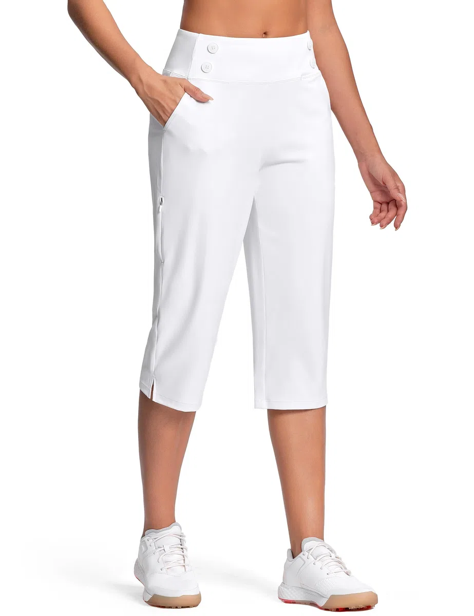 ISEEGZ Elegante Caprihose für Damen, hohe Taille, Stretch, Golf-Caprihose für den Sommer, mit Taschen, Arbeit, Freizeit, 45,7 cm