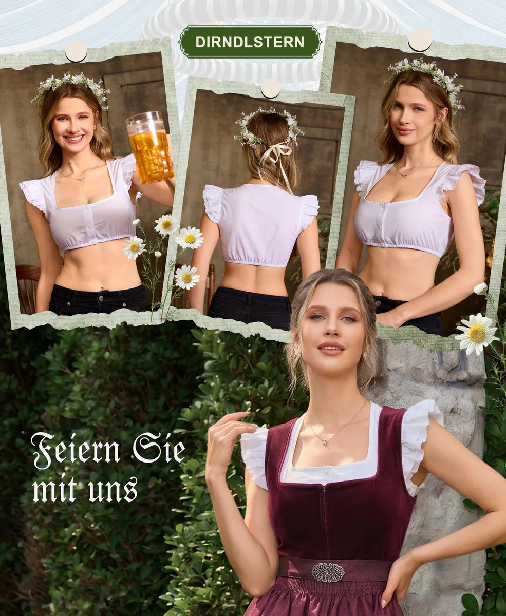 DIRNDLSTERN Dirndlbluse Damen Weiß Flügelärmel – Moderne Bluse Trachtenbluse für Oktoberfest