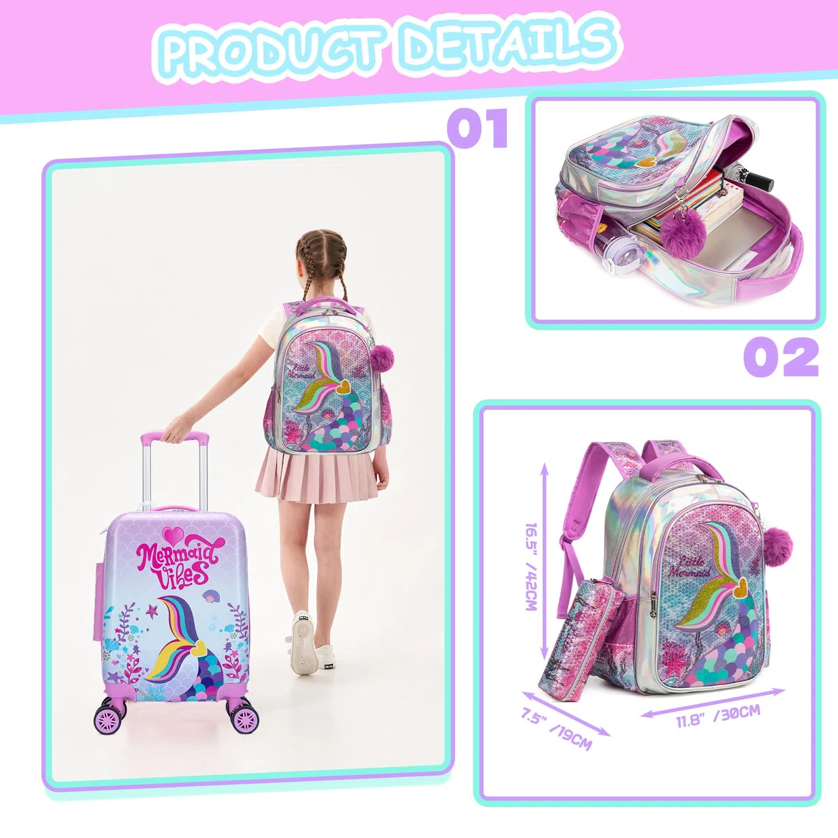 HTgroce Kinderkoffer mit Rucksack, Kids Trolley, Kindergepäck mit Rollen, Reisekoffer mit Teleskopgriff, Hartschalenkoffer für Kinder, Kindertrolley