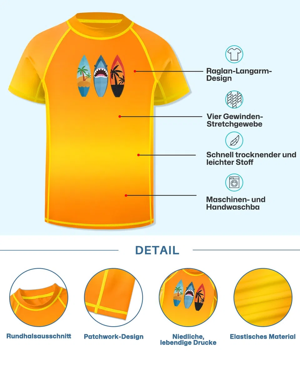 BesserBay Jungen Rashguard Shirt UPF 50+ Kurzarm Schwimmshirt Top UV-Shutz 110-160