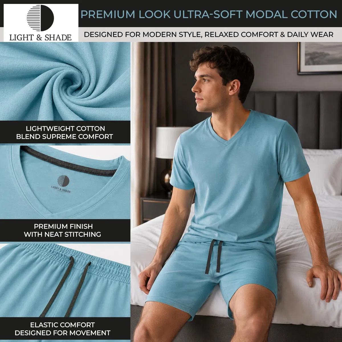 Light & Shade Pyjama-Set mit Oberteil und kurzer Hose für Herren