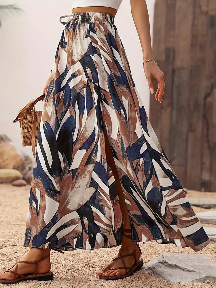 Rock Damen Lang Elegant Röcke Bedruckter Maxirock Sommerrock mit Schlitz A Linie Sommer Maxi Skirt Elastische High Waist Strandrock Freizeitrock