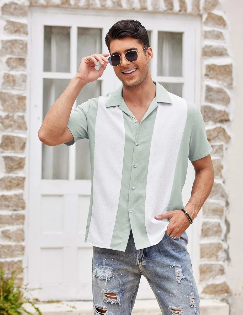 COOFANDY Herren Vintage-Bowlinghemd, Kurzarm, Hemd mit Knopfleiste, Sommer, Kuba, Strandhemd