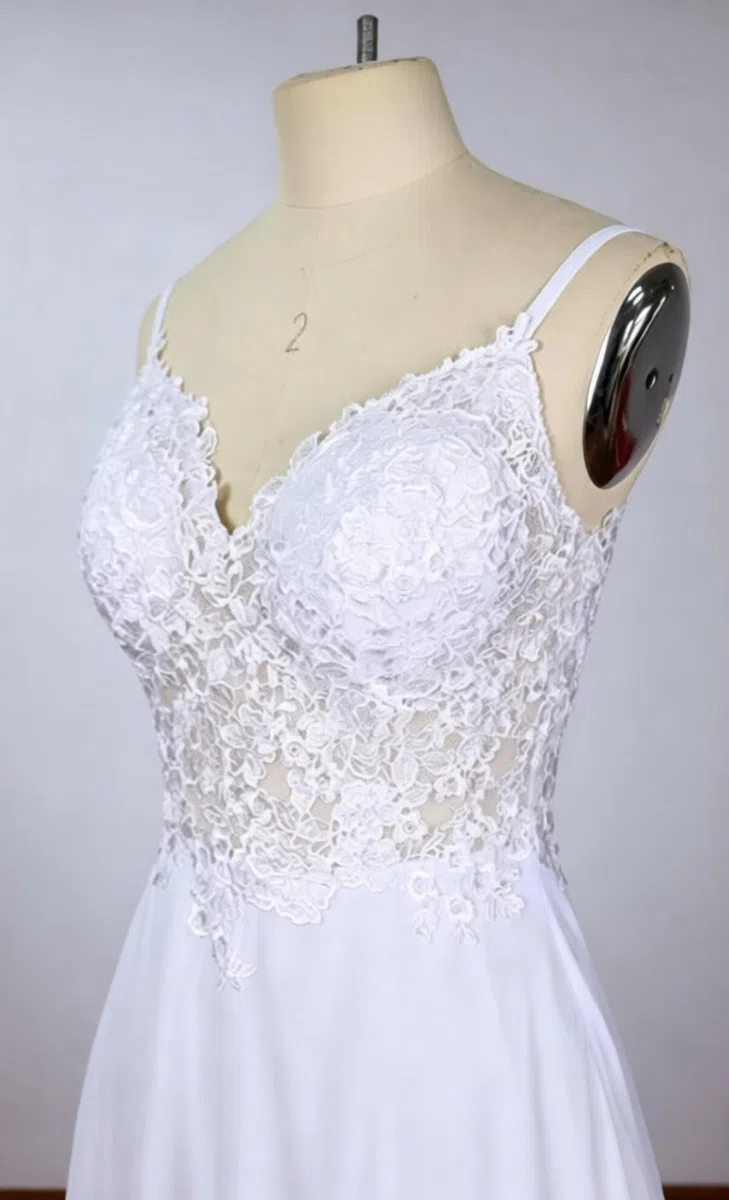 Brautkleider Lang Schlicht Elegant Standesamt Spaghetti-Träger Chiffon Hochzeitskleider Spitze Prinzessin Brautkleid