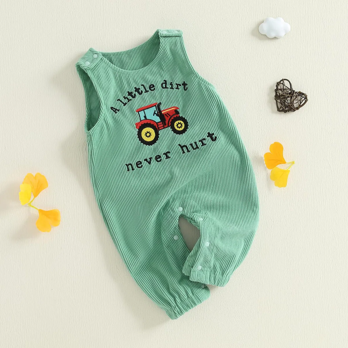 Carolilly Baby-Latzhose für Neugeborene, Babys, Jungen, ärmellos, Cord-Strampler, Rundhalsausschnitt, Traktor-Stickerei, Overall, Kleinkind, niedliche Kleidung