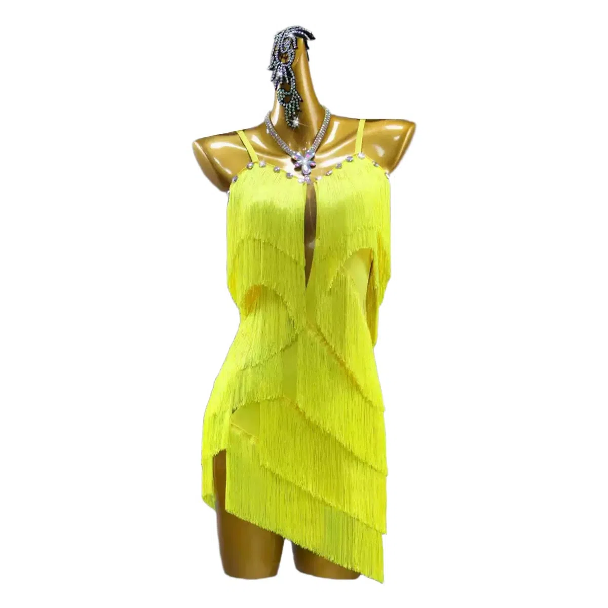 Latein-Tanzkleid For Damen, Fransen, Kristall, V-Ausschnitt, Salsa-Ballsaalkleid | Fransenkleid for lateinamerikanischen Tanz mit Kristallen, offener Rücken, for Salsa-Wettbewerbe Gesellschaftsaufführungen