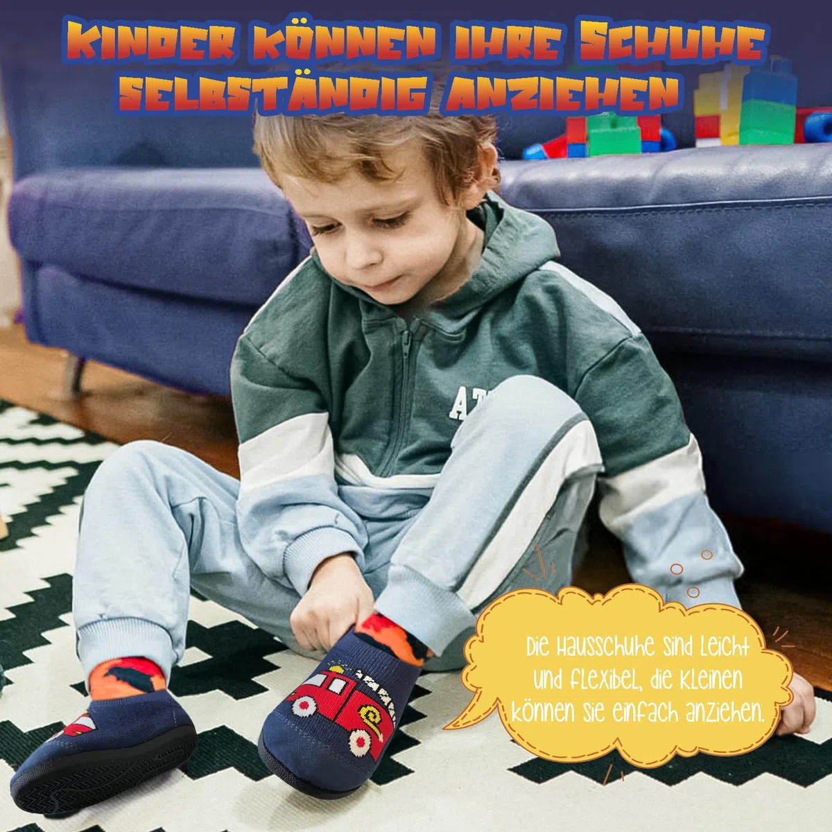 Hausschuhe Kinder Junge Komfortabel Dicken Einlegesohlen Turnschläppchen Jungen Rutschfest Pantoffeln Atmungsaktive Barfußschuhe Hüttenschuhe mit Abriebfeste Front für Kindertagesstätte Kindergarten