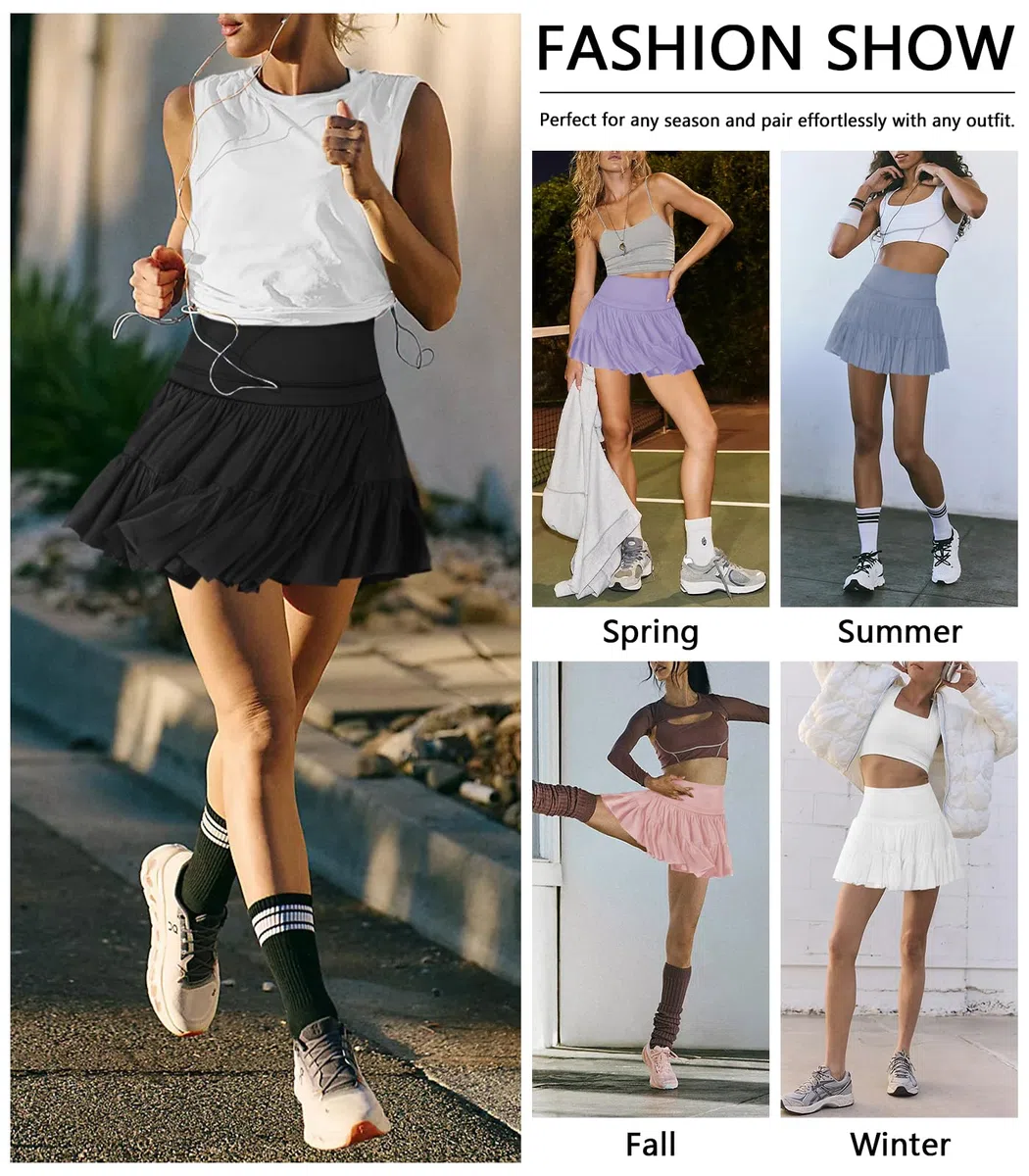 Damen Minirock, fließend, plissiert, hohe Taille, Rüschen, Tennisröcke für Damen, athletisch, Skater, Golf, mit Shorts und Taschen