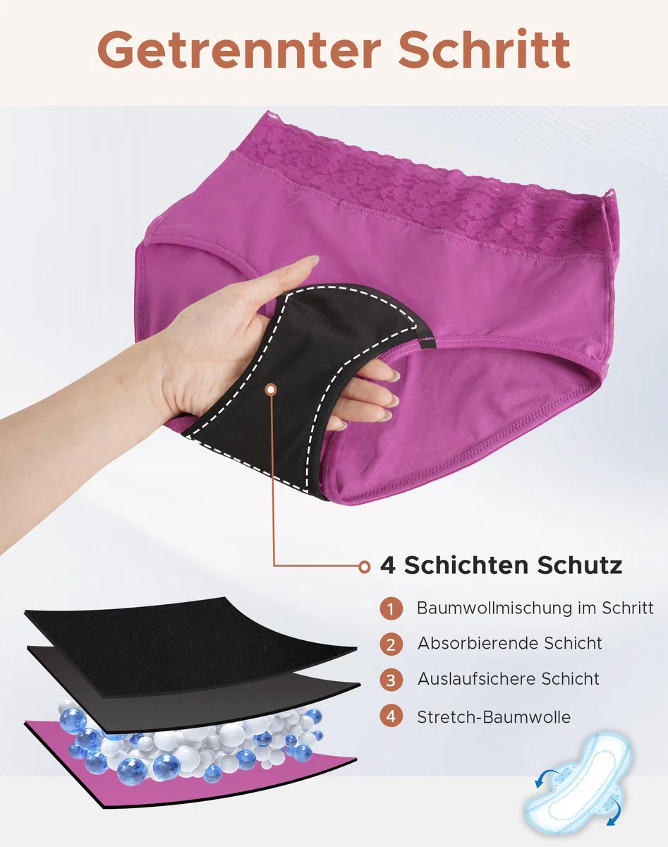Periodenunterschwäsche Starke Blutung Spitze Hohe Taille Menstruationsunterwäsche Baumwolle 3er Pack