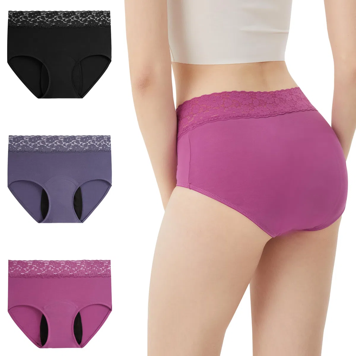 Periodenunterschwäsche Starke Blutung Spitze Hohe Taille Menstruationsunterwäsche Baumwolle 3er Pack