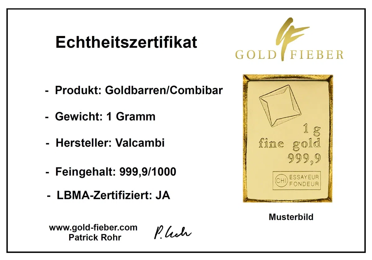 1 Gramm Goldbarren Valcambi Suisse in Münzdose + Echtheitszertifikat - Feingold 999.9/1000 - Prägefrisch - LBMA - 24 Karat