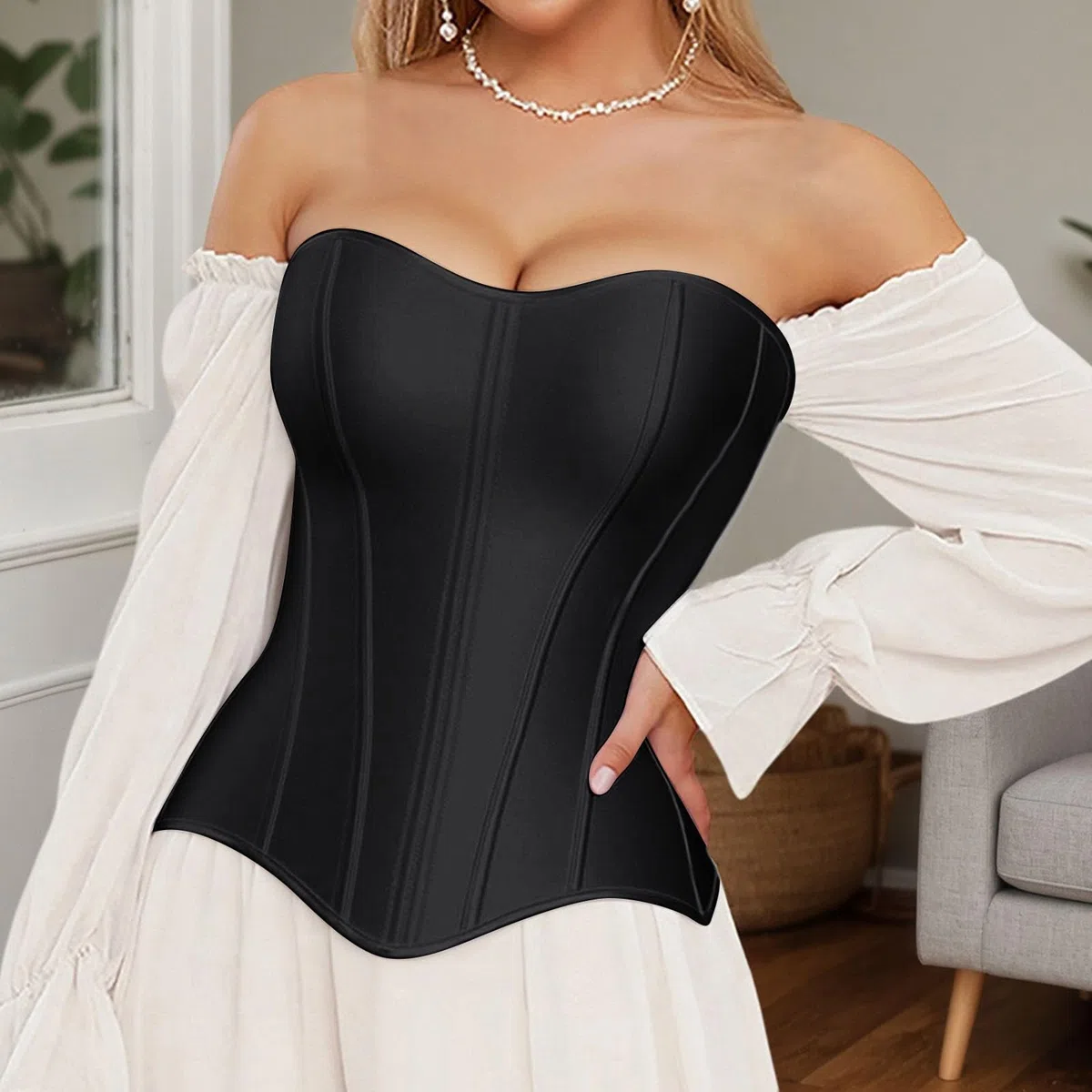 Generisch Damen Schnür-Korsett mit Stäbchen, Sportunterbrustkorsett, Taillenmieder, Spitze, Push-Up-Body, Weihnachten, Halloween, Hochzeit, Cosplay, Gothic-Kostüme Black,White XS,S,M,L,XL,XXL