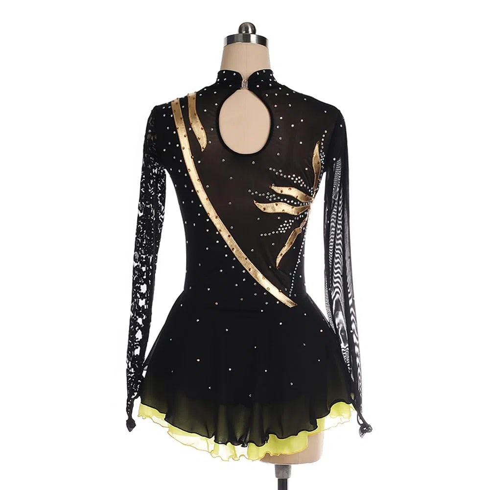Eiskunstlauf Kleid Mädchen, Handmade, Schwarz, Mesh, Spitze, Langarm, Strass, Kürkleid Rollkunstlauf Kostüme Wintersport Professional Tanzkleider