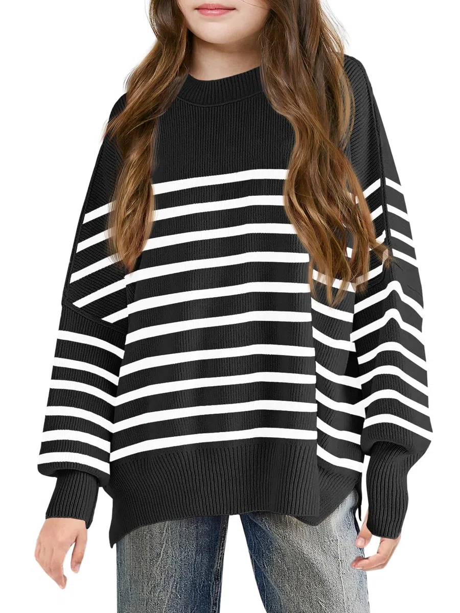 Haloumoning Pullover Mädchen Kinder Rundhals Oversized Strickpullover Herbst Winter Gestreifte Fledermausärmel Strickpulli
