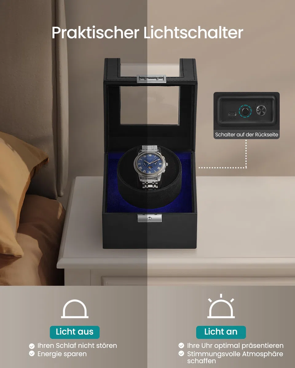 SONGMICS Uhrenbeweger, Automatik Uhrenbeweger 1 Uhr, Uhrenbox, Premium-Motor, mit LED-Licht, verstellbarem Uhrenkissen, Schloss, 4 Rotationsmodi, USB-C-Ladekabel, schwarz JWB030B01