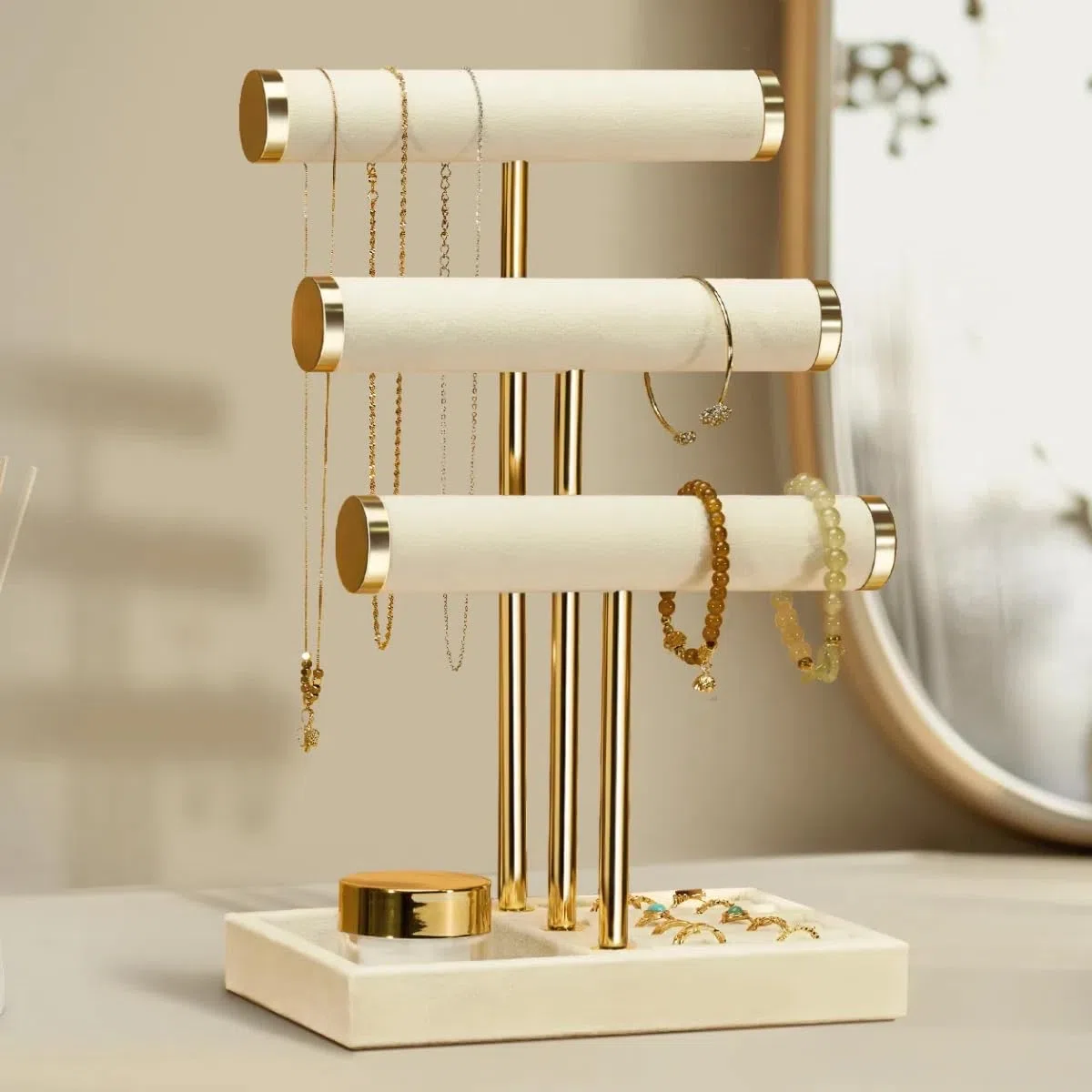 Josmimic Schmuck Organizer mit 3 Ebenen - Beige Schmuckständer Armbänder, Abnehmbarer T-Steg Schmuck Ständer, Samt-Armbandhalter, Schmuckhalter für Armband, Halskette, Uhren, Ringe