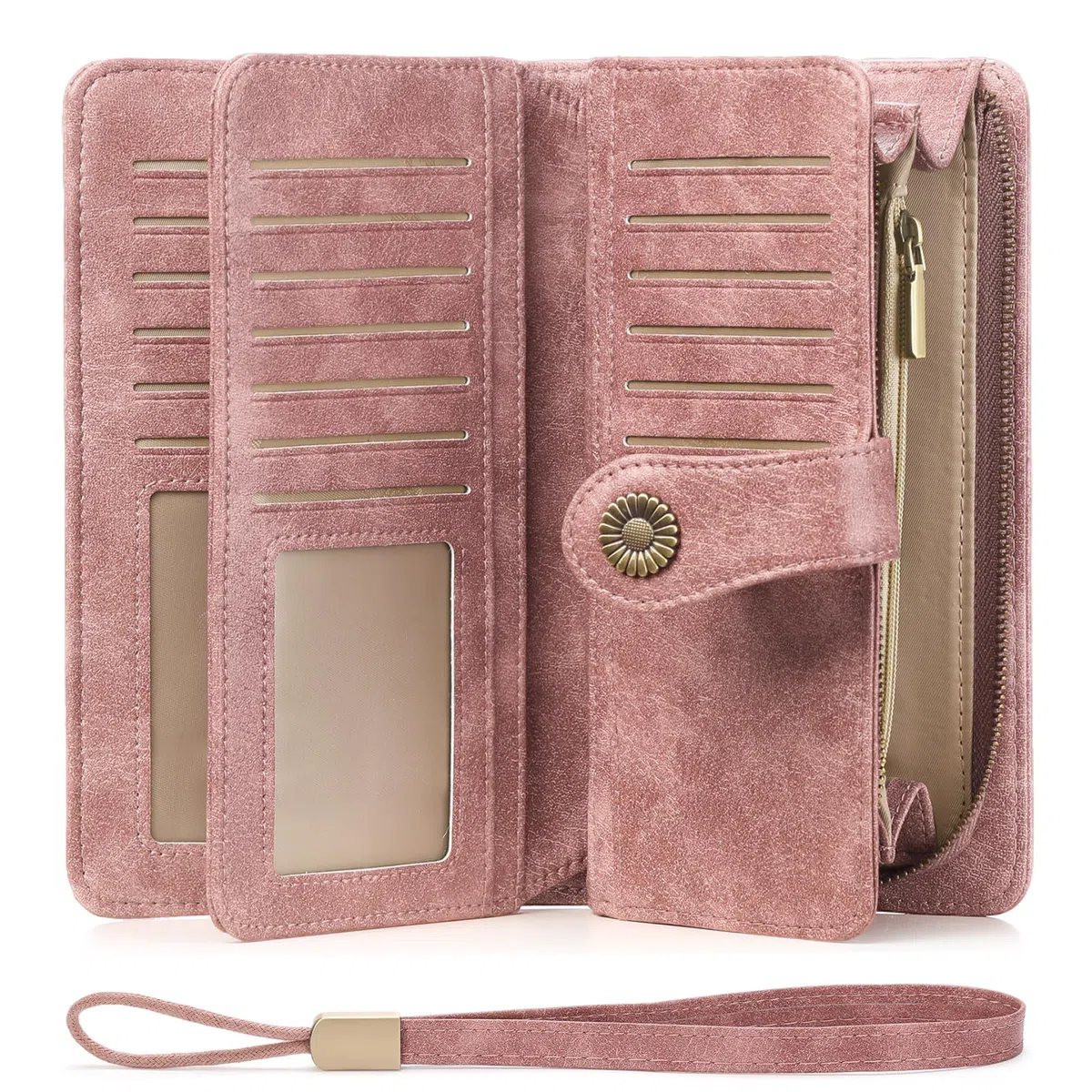 SENDEFN Geldbörse für Damen, Leder, große Damen, Kupplung, RFID-Schutz, blockierend, große Kapazität, Lange Geldbörse mit 24 Kartenfächern und Armband
