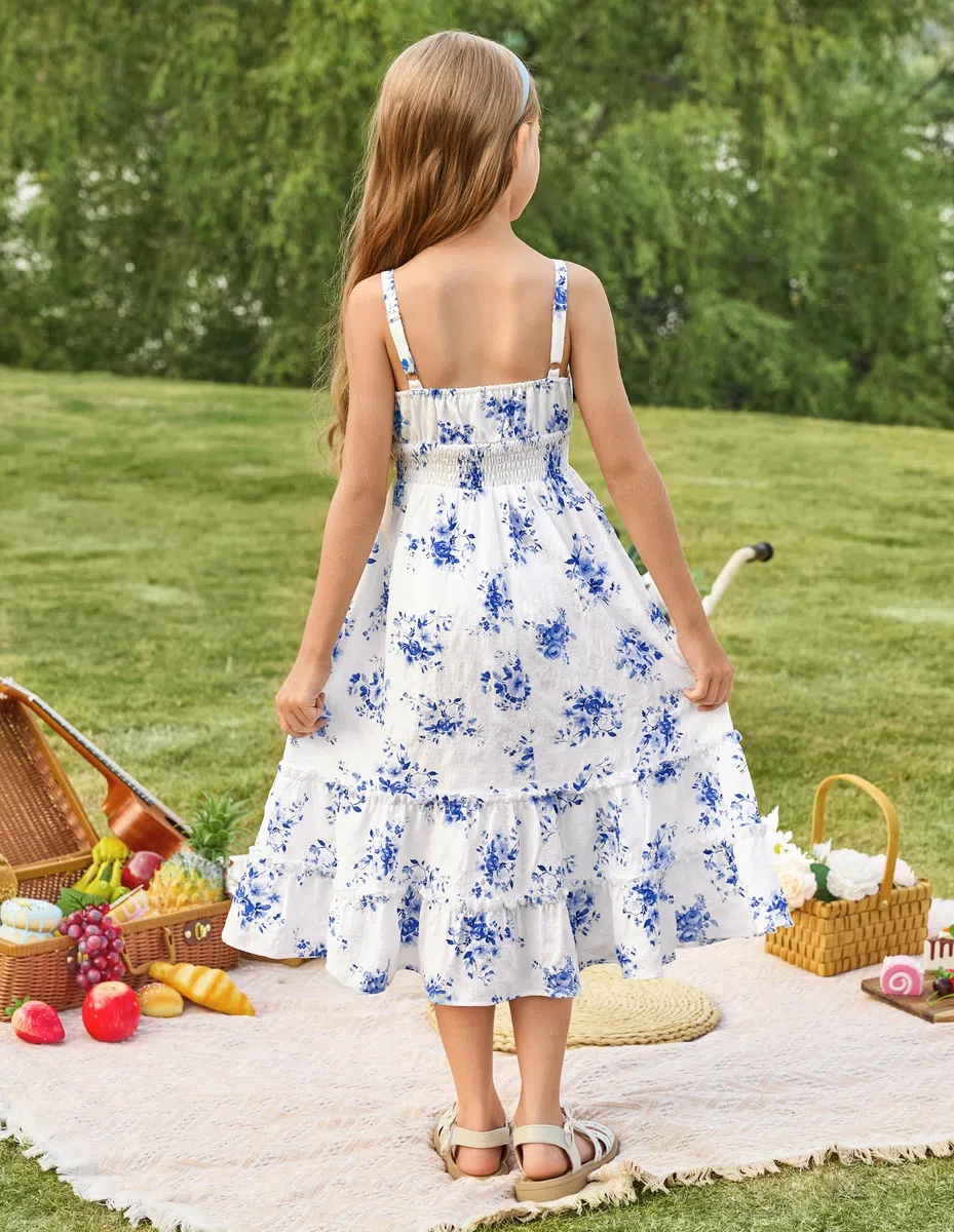 GRACE KARIN Mädchen Kurzarm Spaghetti Strap Kleid Blumenkleid A-Linie Freizeitkleid mit Gummizug Floral Böhmisch Beach