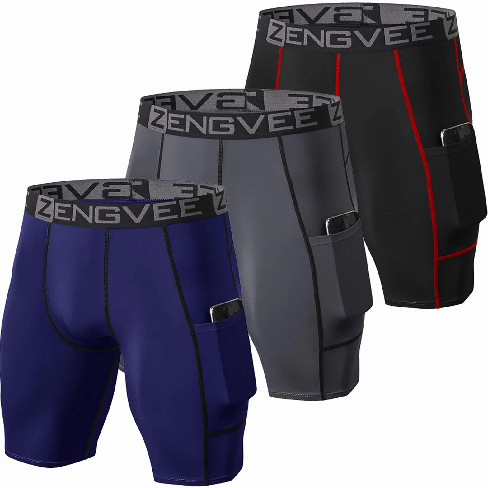 ZENGVEE 3er Pack Herren Kompressionsshorts Laufhose Herren Kurz Schnelltrocknendes Leggings Kurz mit Seitentaschen Tights Sport Unterwäsche für Männer